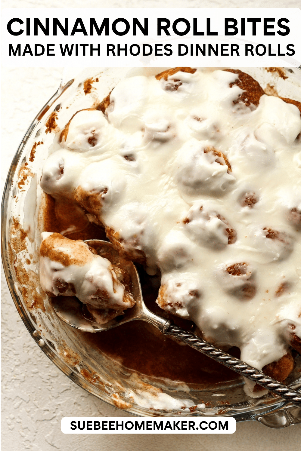 Overhead view of a dish of cinnamon roll bites.