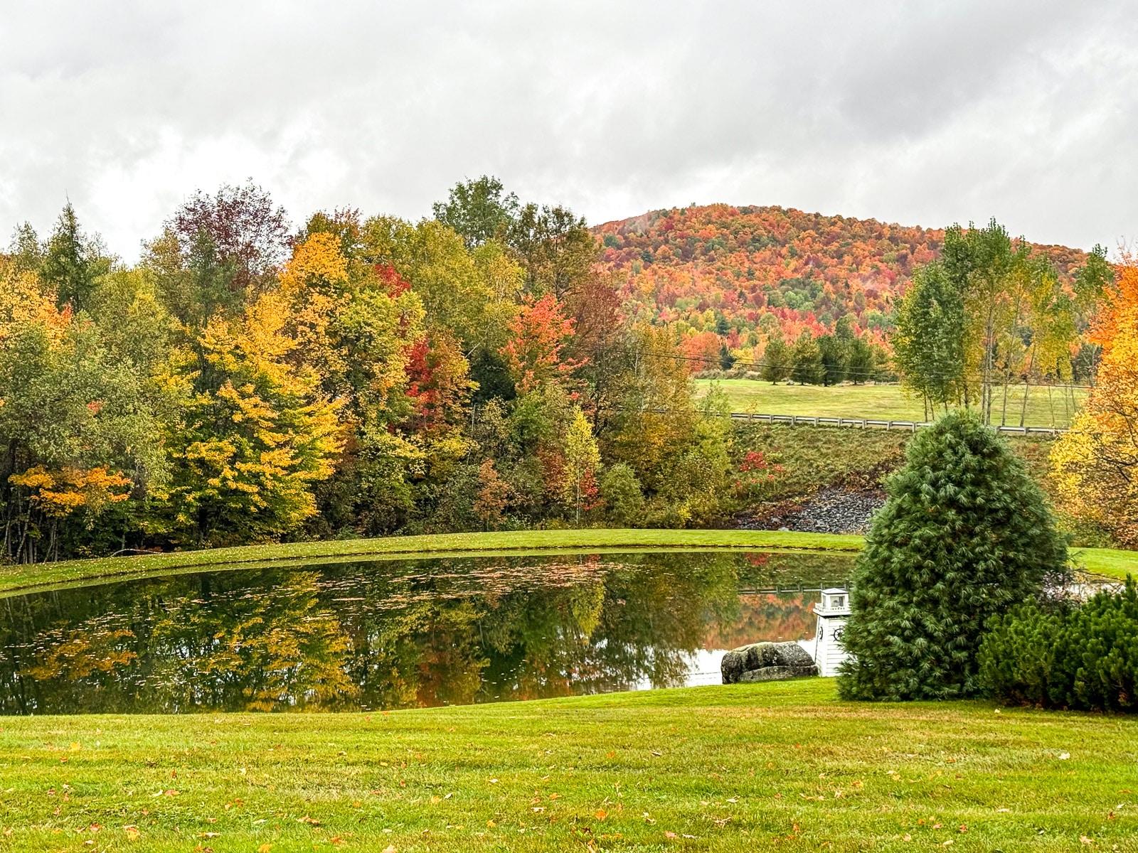 Beautiful view of the colorful trees withh a pond in front.