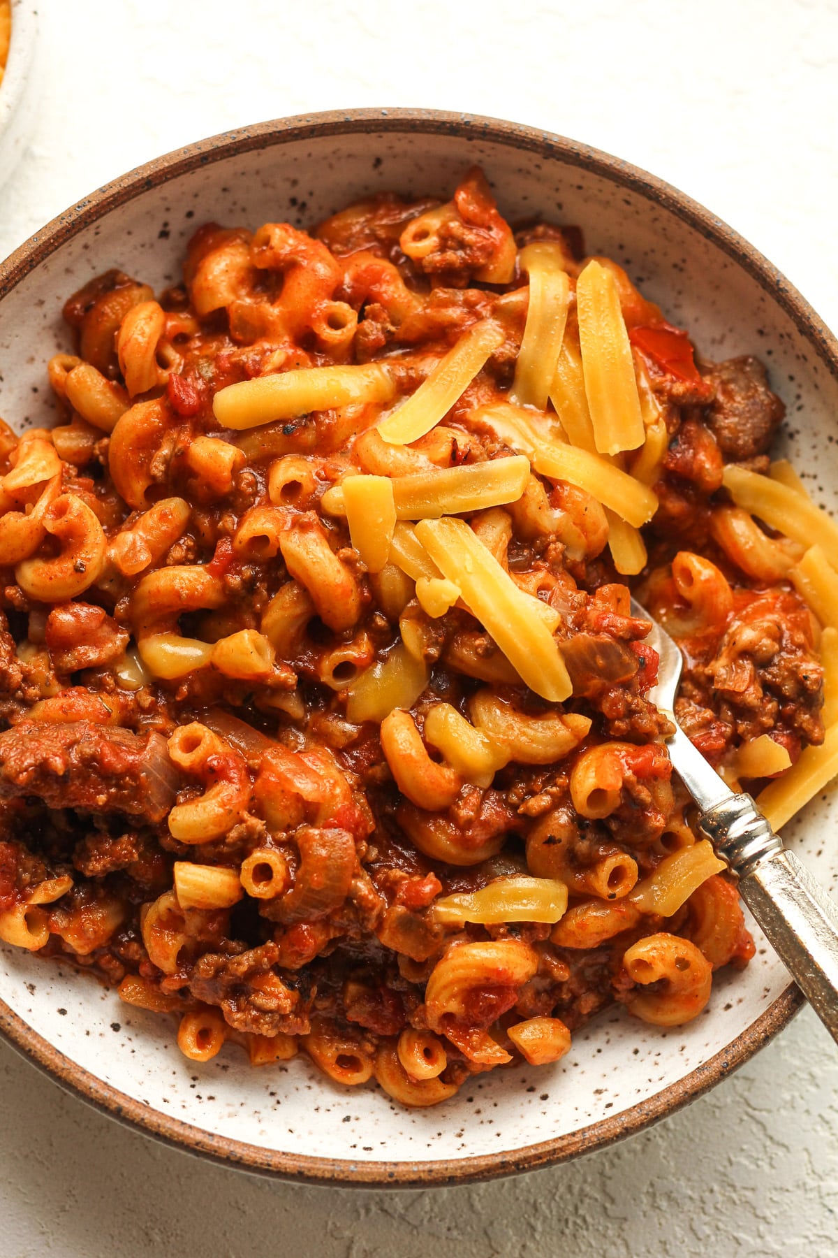 Closeup on a serving of goulash.